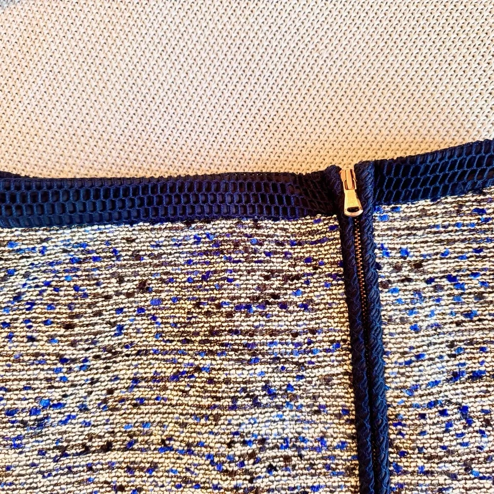J. CREW Navy Tweed Skirt w Gold Zipper Front Slit